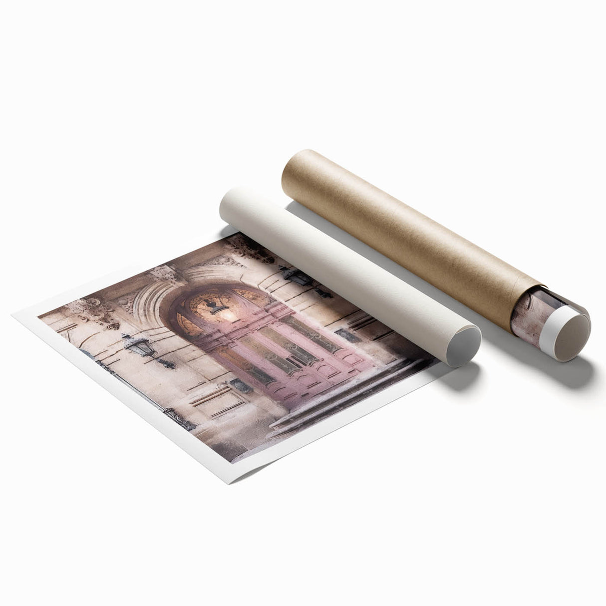 Extra large rolled print of a French door architecture with floral motifs, ideal for classy bathroom wall art.