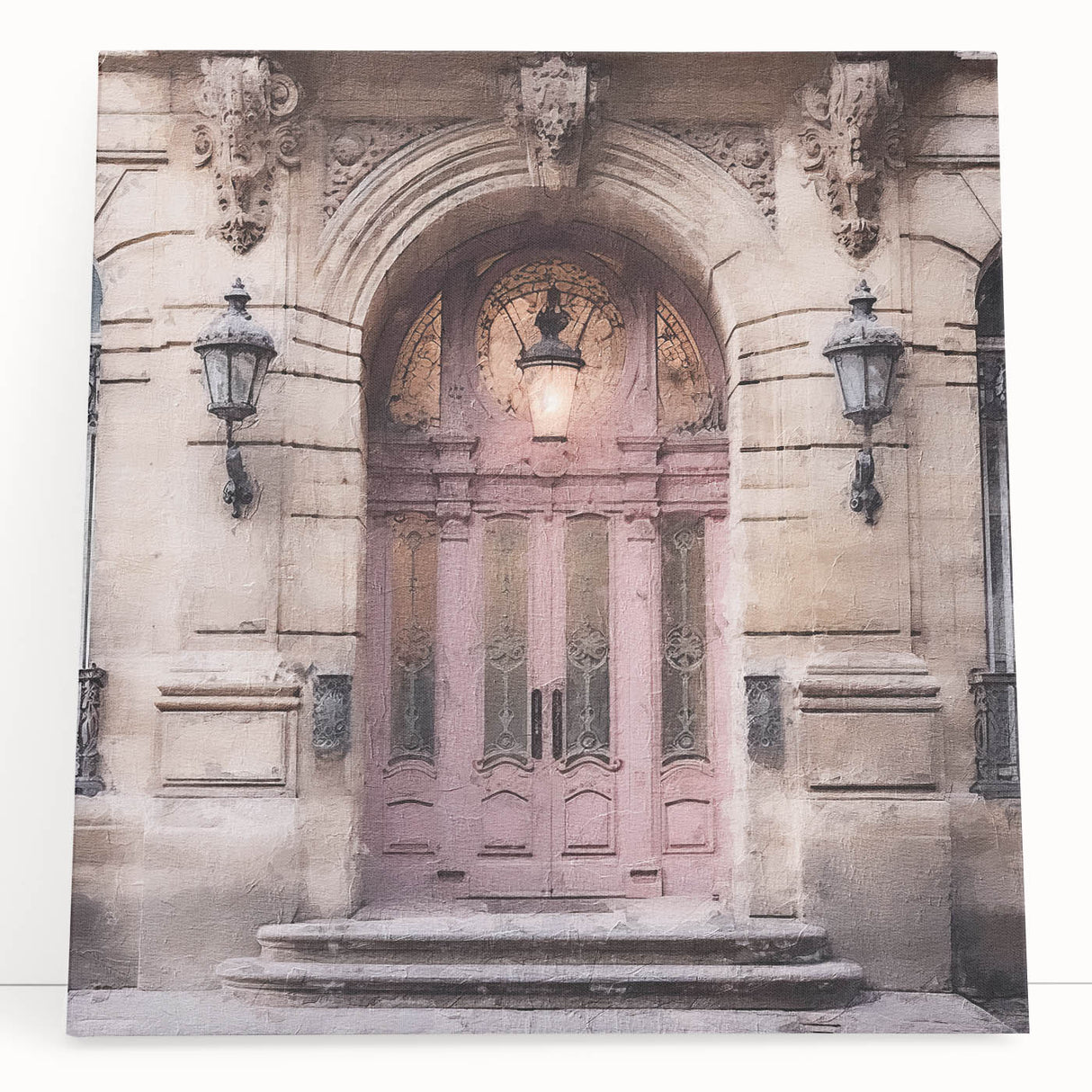 Black and white photo of a classic French door architecture on stretched canvas.