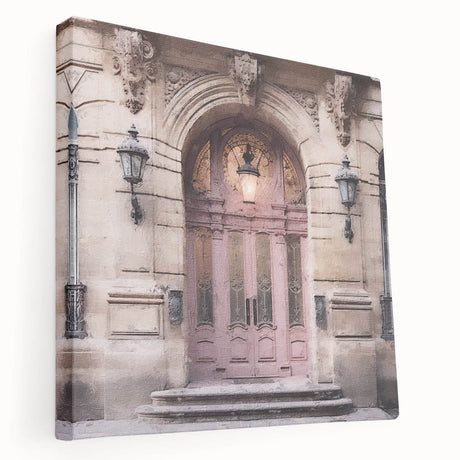 Side view of a large stretched canvas featuring a French door design in muted earth tones, suitable for kitchen wall art.