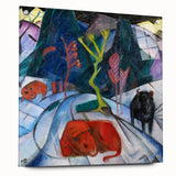 Expressionist Winter Scene – Vibrant Red Bison Abstract Canvas Art