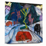 Expressionist Winter Scene – Vibrant Red Bison Abstract Canvas Art