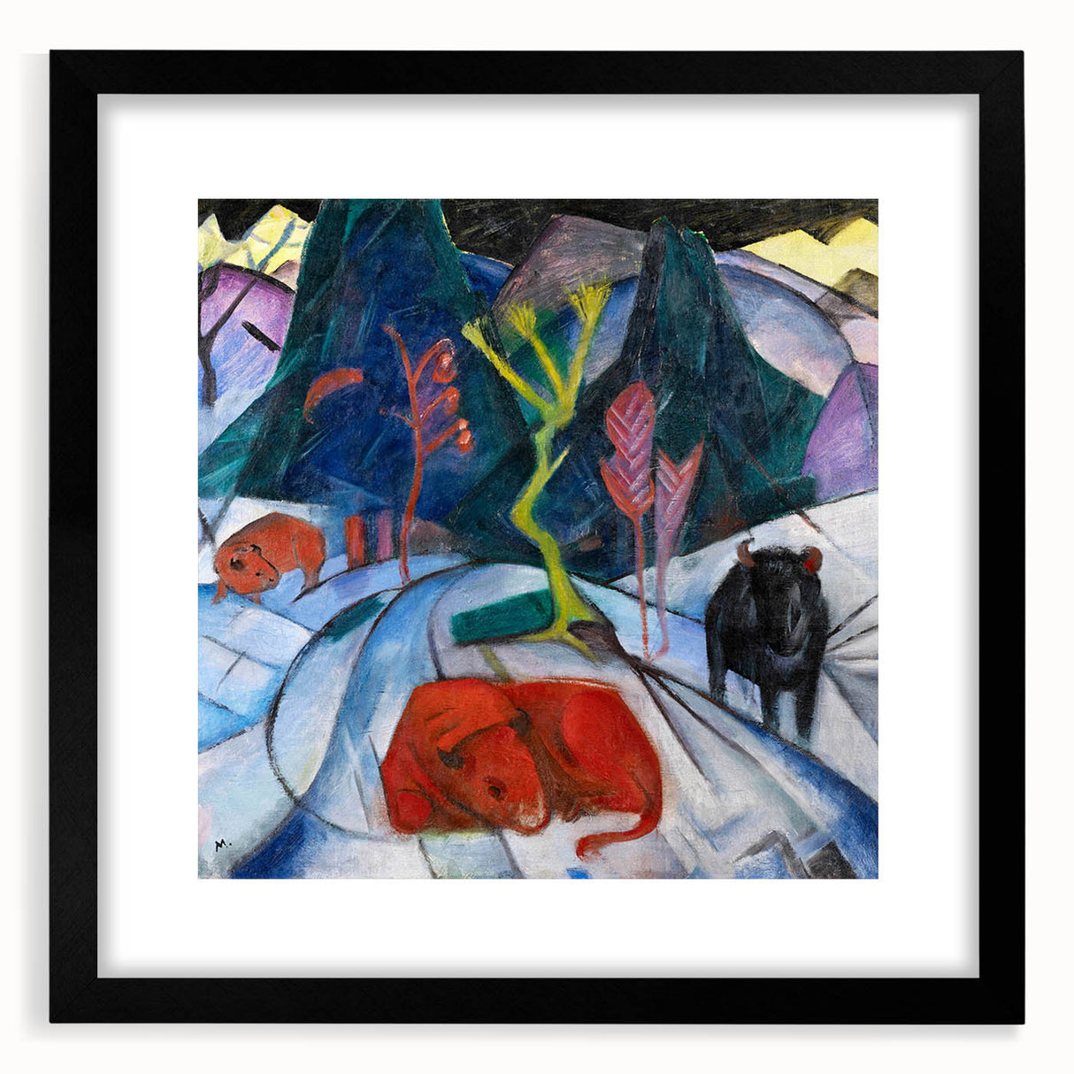 Expressionist Winter Scene – Vibrant Red Bison Abstract Canvas Art