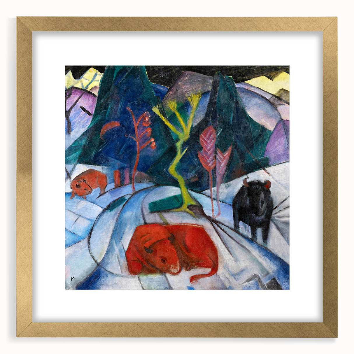 Expressionist Winter Scene – Vibrant Red Bison Abstract Canvas Art