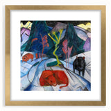 Expressionist Winter Scene – Vibrant Red Bison Abstract Canvas Art