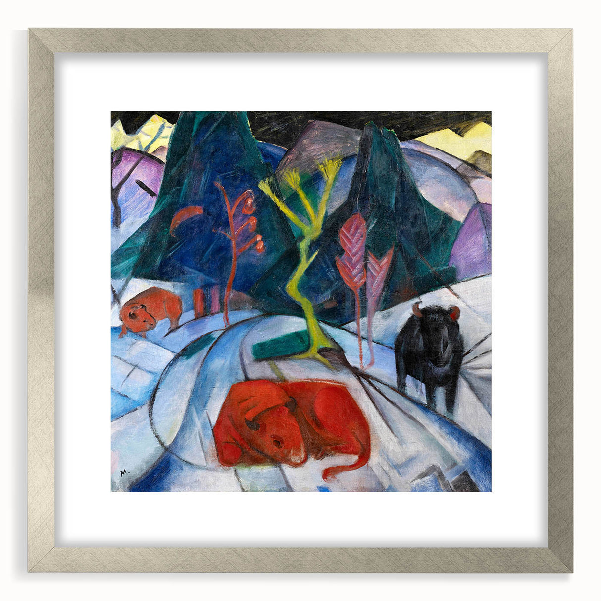 Expressionist Winter Scene – Vibrant Red Bison Abstract Canvas Art