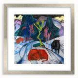 Expressionist Winter Scene – Vibrant Red Bison Abstract Canvas Art