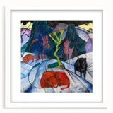 Expressionist Winter Scene – Vibrant Red Bison Abstract Canvas Art