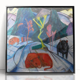 Expressionist Winter Scene – Vibrant Red Bison Abstract Canvas Art