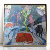 Expressionist Winter Scene – Vibrant Red Bison Abstract Canvas Art