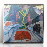 Expressionist Winter Scene – Vibrant Red Bison Abstract Canvas Art