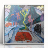 Expressionist Winter Scene – Vibrant Red Bison Abstract Canvas Art