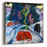 Expressionist Winter Scene – Vibrant Red Bison Abstract Canvas Art