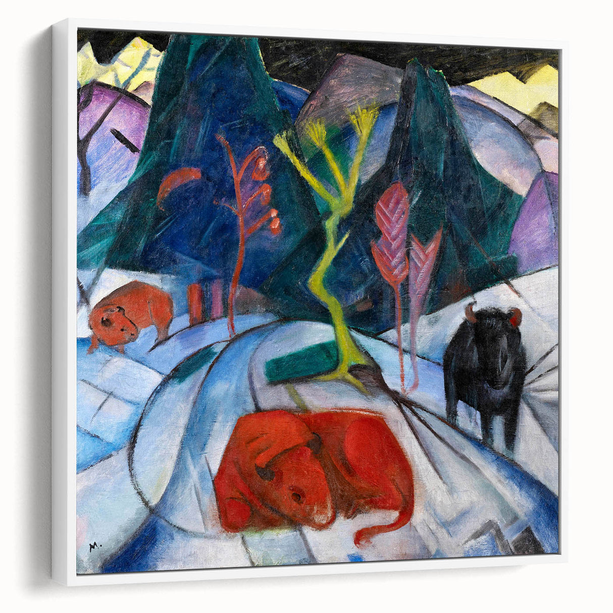 Expressionist Winter Scene – Vibrant Red Bison Abstract Canvas Art
