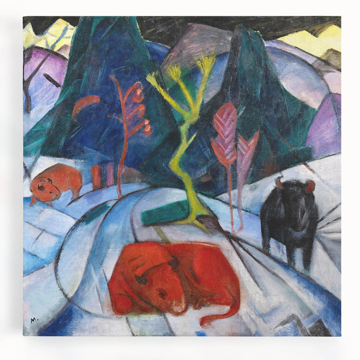 Expressionist Winter Scene – Vibrant Red Bison Abstract Canvas Art