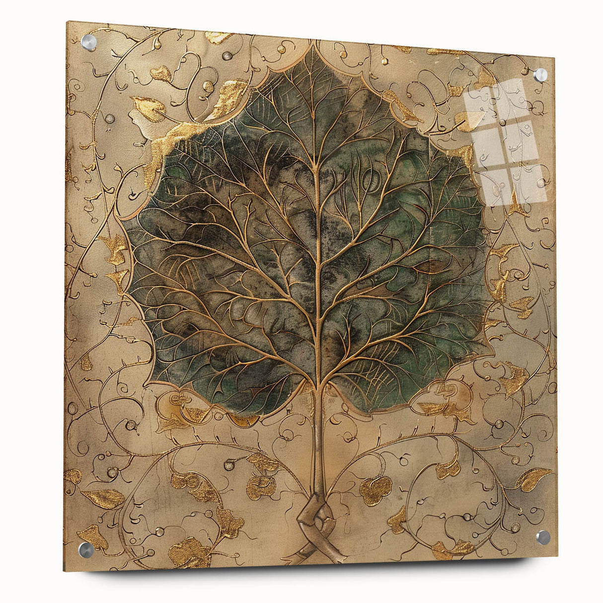 Acrylic wall art showcasing a vibrant floral and botanical design with intricate details, mounted with pins for easy display, viewed from the side, highlighting its modern aesthetic.