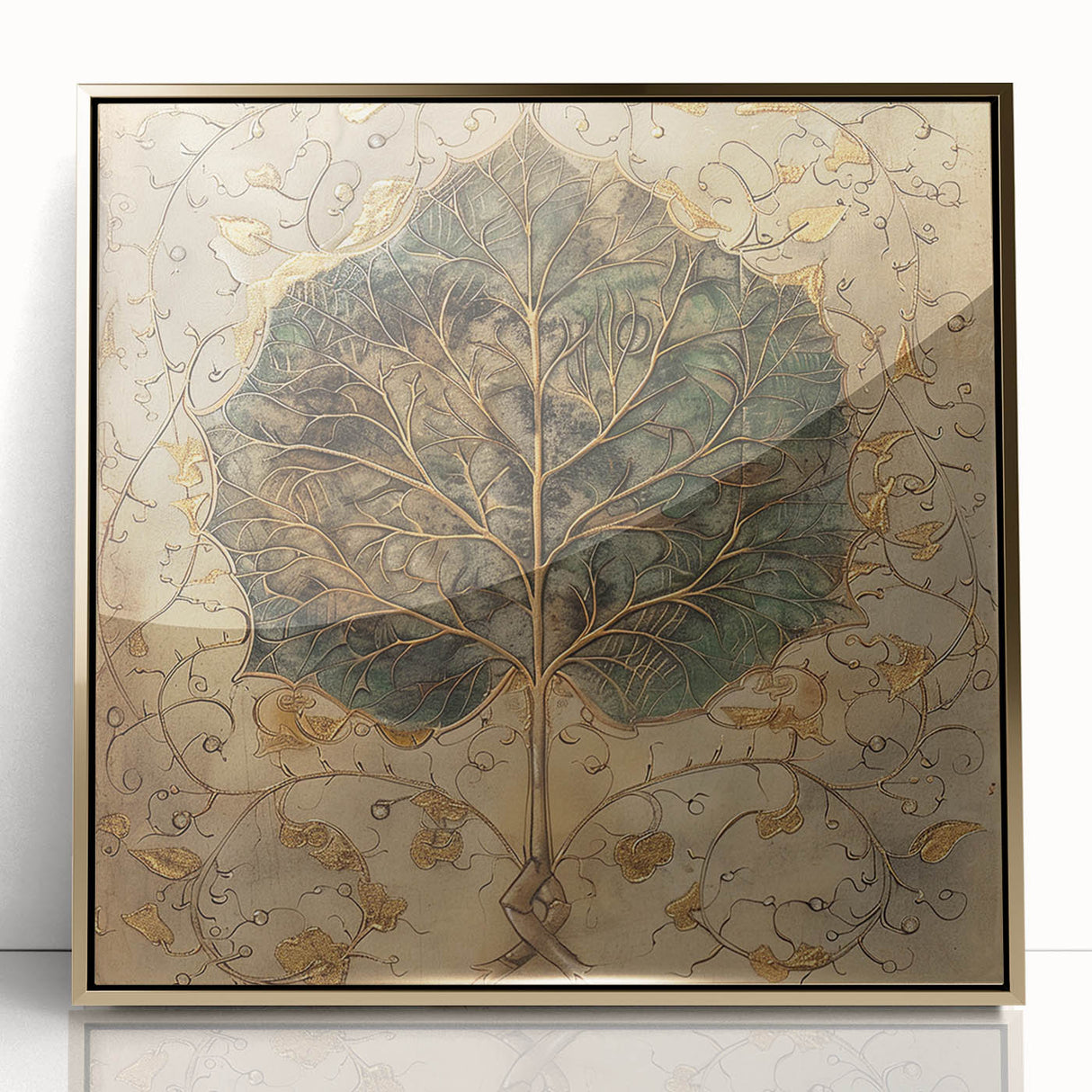 Framed wall art featuring a vibrant floral and leaf design with acrylic gold accents, showcasing a modern aesthetic ideal for home decor.