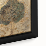 Framed canvas wall art featuring a close-up of vibrant flowers and botanical leaves, showcasing intricate details and rich colors, perfect for home decor.