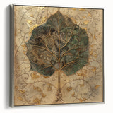 Framed canvas wall art showcasing a vibrant floral design with intricate leaves, featuring a sleek silver frame that enhances the artwork's elegance and charm.