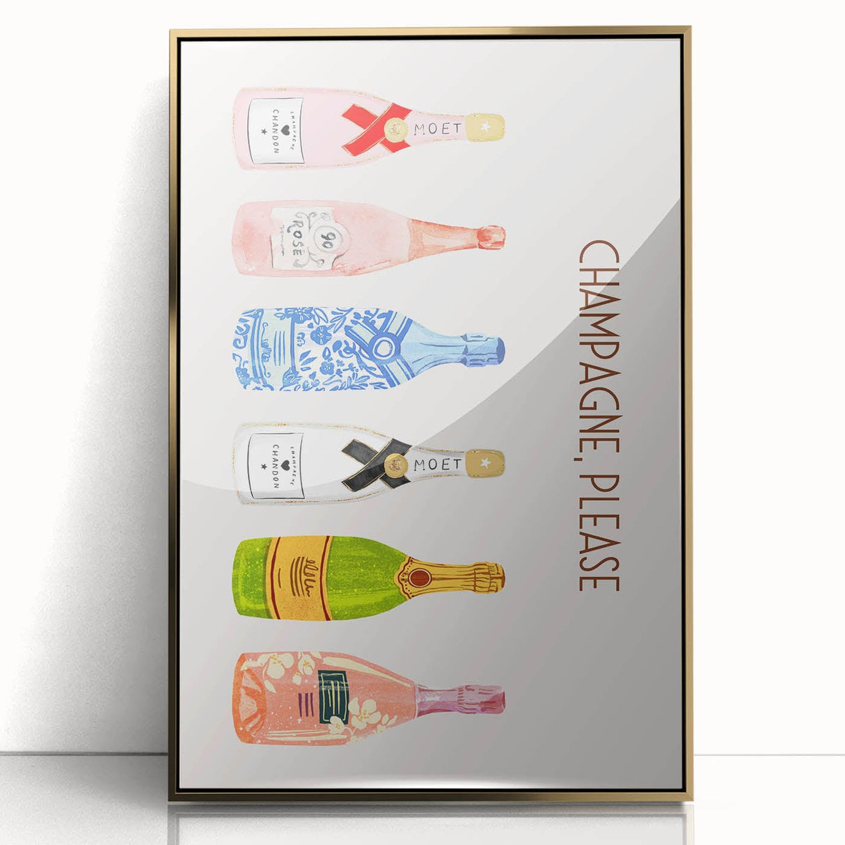 Art deco poster of food and drinks in gold and black tones, acrylic print framed, suitable for modern kitchen decor.