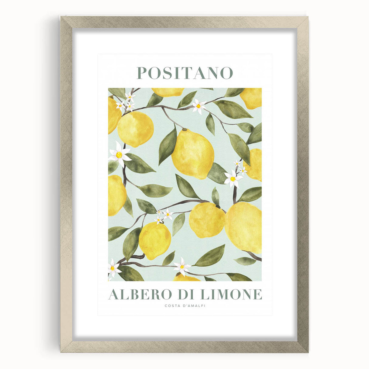 Textured art print of abstract fruits in soft pastel shades, framed in silver, ideal for bedroom wall decor.