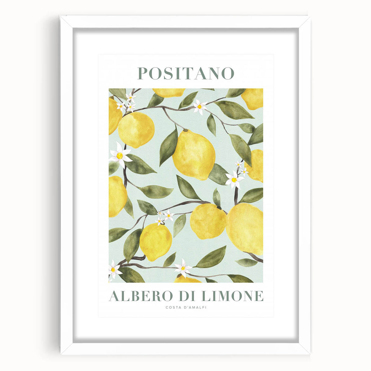 Abstract art print of assorted fruits in vibrant colors on a white framed mat, suitable for dining room or kitchen decor.