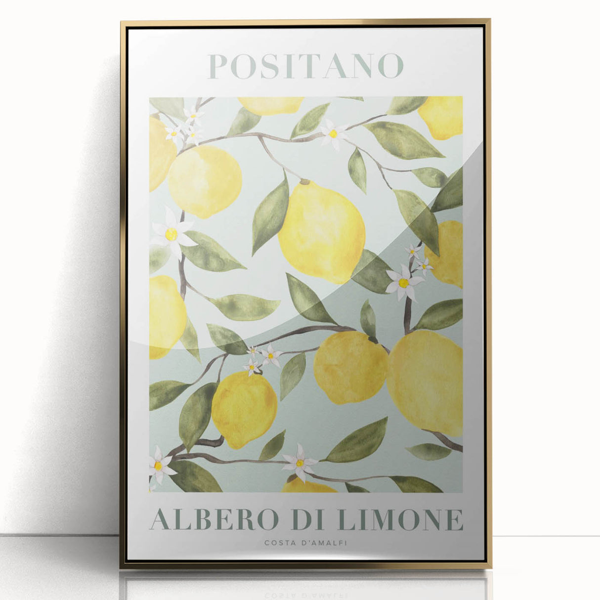 Large art print of colorful fruits on a gold-acrylic framed canvas, in a mid-century modernist style.