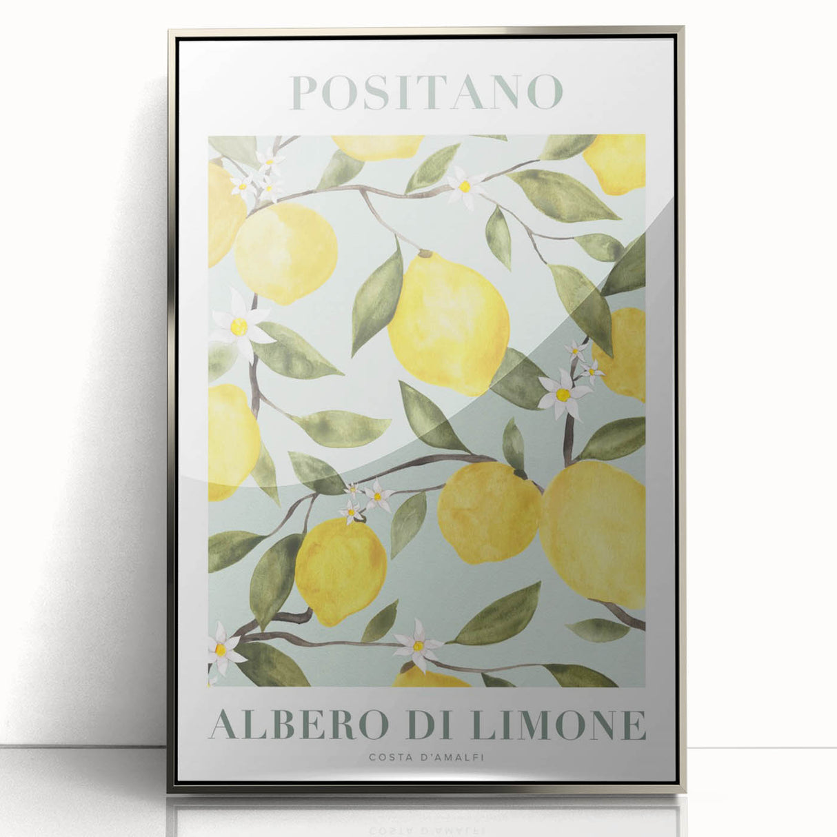 Mid-century modernist art featuring an array of vibrant fruits on a silver framed acrylic, suitable for nursery wall art.