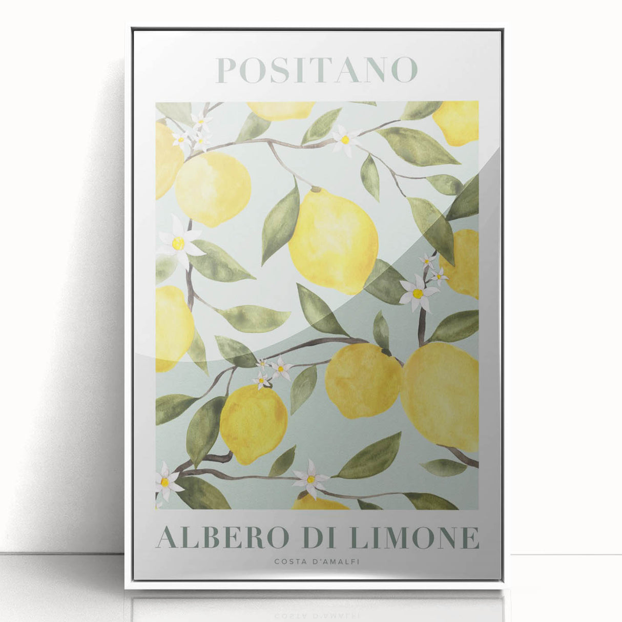 Framed acrylic print of colorful assorted fruits in art deco style, ideal for modern kitchen decor.