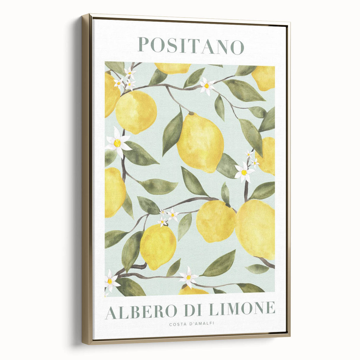 Framed canvas featuring a vintage poster of assorted fruits in a black and gold color palette, ideal for bedroom wall art.