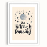 Abstract art print featuring swirling blue and green patterns on a white framed canvas, suitable for dining room decor.