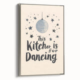 Landscape art painting of a colorful, vintage-style scene on black canvas, framed in silver, ideal for dining room decor.