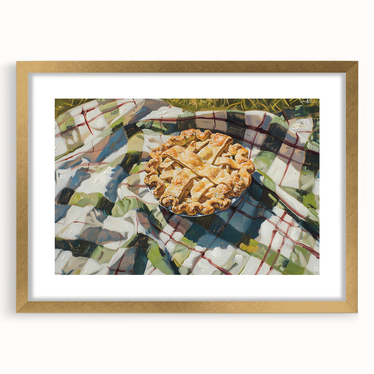 Extra large abstract art print of pastries in muted beige and cream, framed in gold, ideal for living room decor.