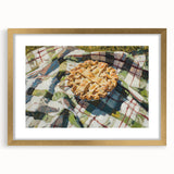 Extra large abstract art print of pastries in muted beige and cream, framed in gold, ideal for living room decor.