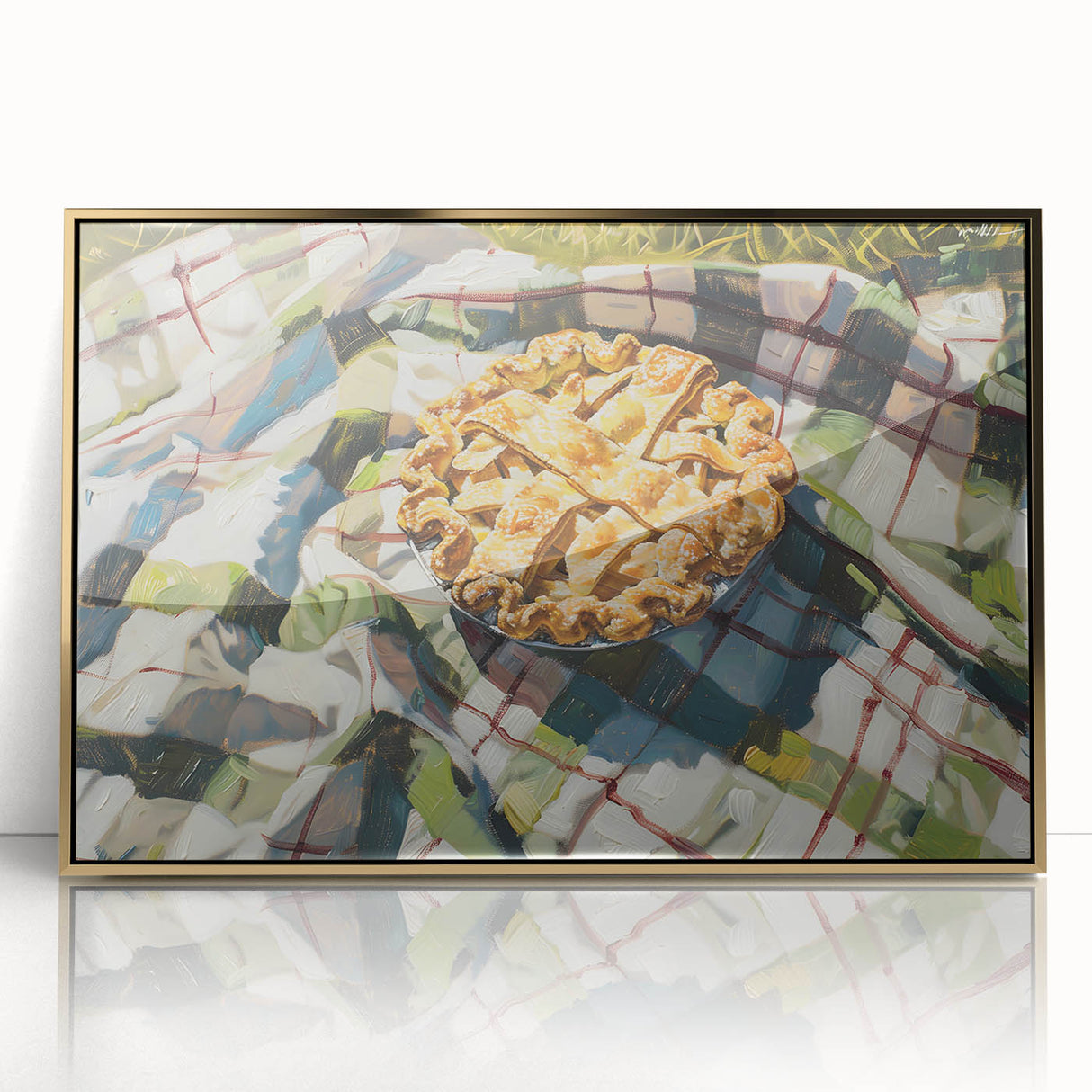 Large art print of assorted pastries in soft pastel tones on a gold-framed acrylic, suited for modern kitchen decor.