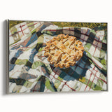 Landscape art painting of assorted pastries on a silver-framed canvas, featuring vibrant colors on a black background.