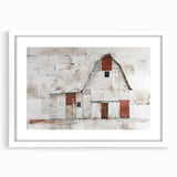 Landscape wall art featuring a rustic barn scene in a white frame with a mat, perfect for home decor. Ideal for adding charm to any room.