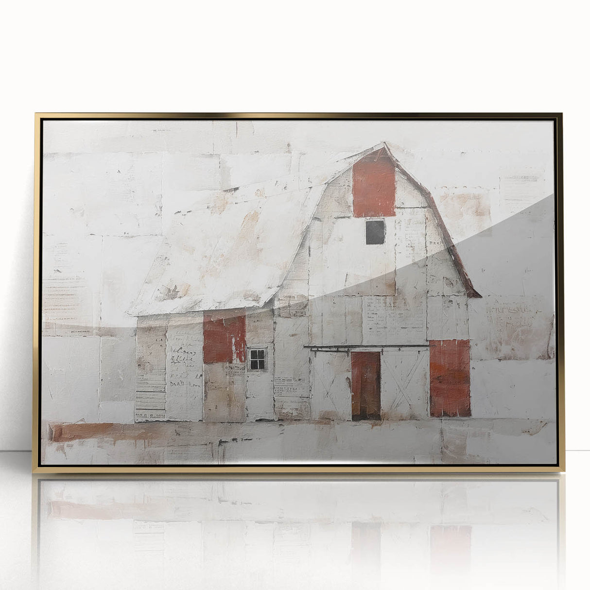 Framed landscape barn wall art with a gold-acrylic finish, showcasing a serene rural scene with green fields and a dramatic sky, perfect for home decor.