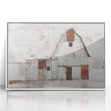 Framed acrylic wall art featuring a serene landscape with a rustic barn, set against a vibrant sky. Stylish white frame enhances home decor, perfect for farmhouse aesthetics.