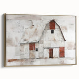 Framed landscape barn wall art featuring a rustic golden frame, showcasing a serene countryside scene with warm tones, perfect for home decor.