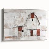Framed canvas wall art depicting a serene landscape scene with a rustic barn, featuring silver accents and a side view that enhances its depth and elegance. Perfect for farmhouse decor or rustic-themed interiors.