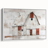 Framed landscape barn wall art in a rustic white frame, showcasing vibrant colors and detailed textures, perfect for farmhouse decor and enhancing interior spaces.