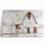 Stretched canvas wall art depicting a serene landscape with a rustic barn, surrounded by vibrant green fields and a clear blue sky, perfect for home decor.