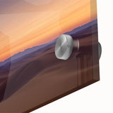 Close-up of a vibrant desert landscape design on acrylic glass, showcasing intricate textures and warm color tones, ideal for modern home decor.