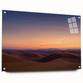 Desert landscape acrylic glass art piece showcasing vibrant sunset colors and intricate details, mounted with pins for a stunning side view display.