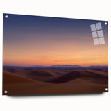 Desert landscape acrylic glass art piece showcasing vibrant sunset colors and intricate details, mounted with pins for a stunning side view display.