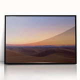 Framed acrylic artwork showcasing a stunning desert landscape with vibrant colors, set against a sleek black frame, ideal for modern home decor.