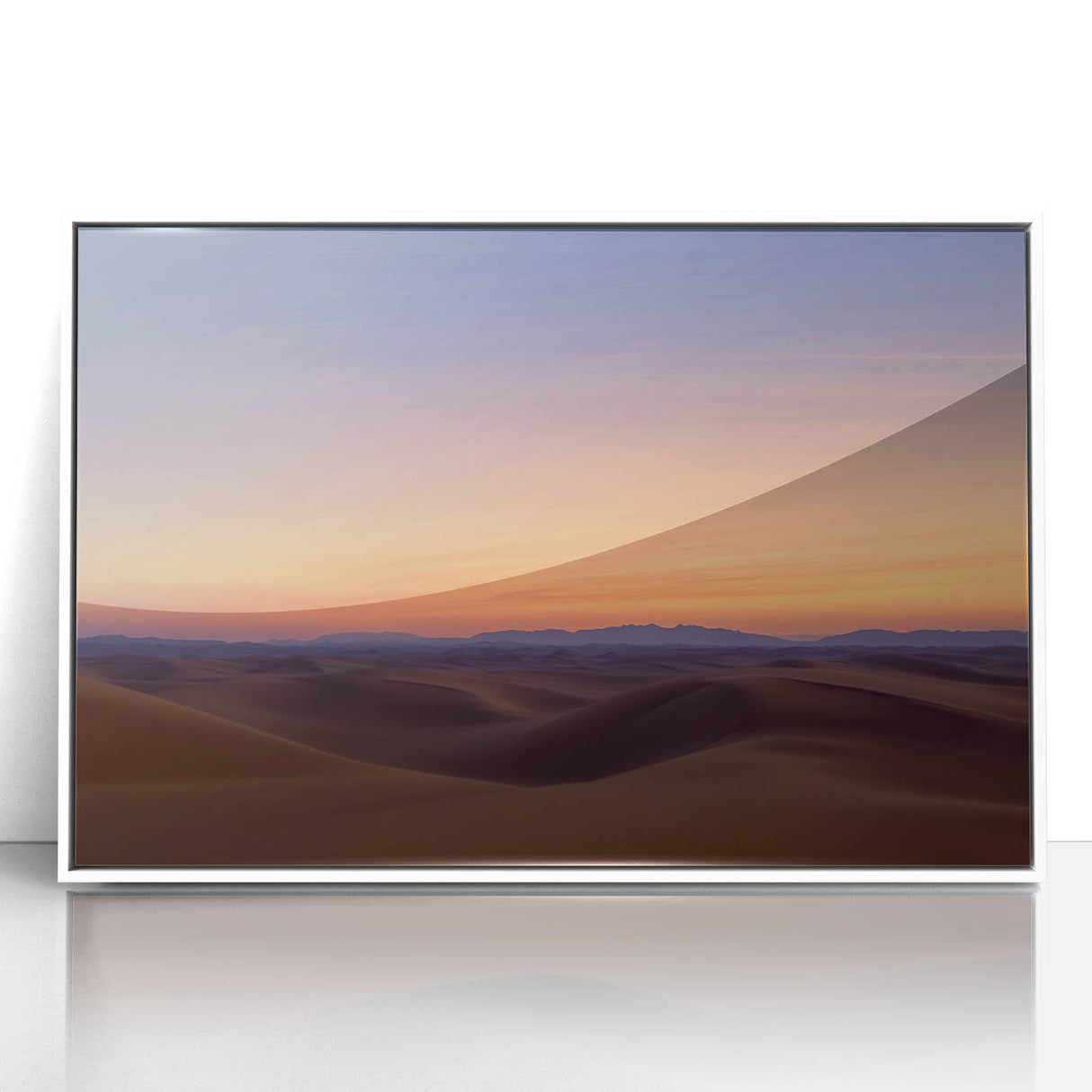 Framed acrylic artwork showcasing a vibrant desert landscape with warm hues of orange and yellow, set in a sleek white frame, perfect for modern home decor.