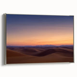Framed canvas artwork depicting a stunning desert landscape with vibrant colors and intricate details, showcasing a silver frame for an elegant finish. Perfect for enhancing modern home decor.