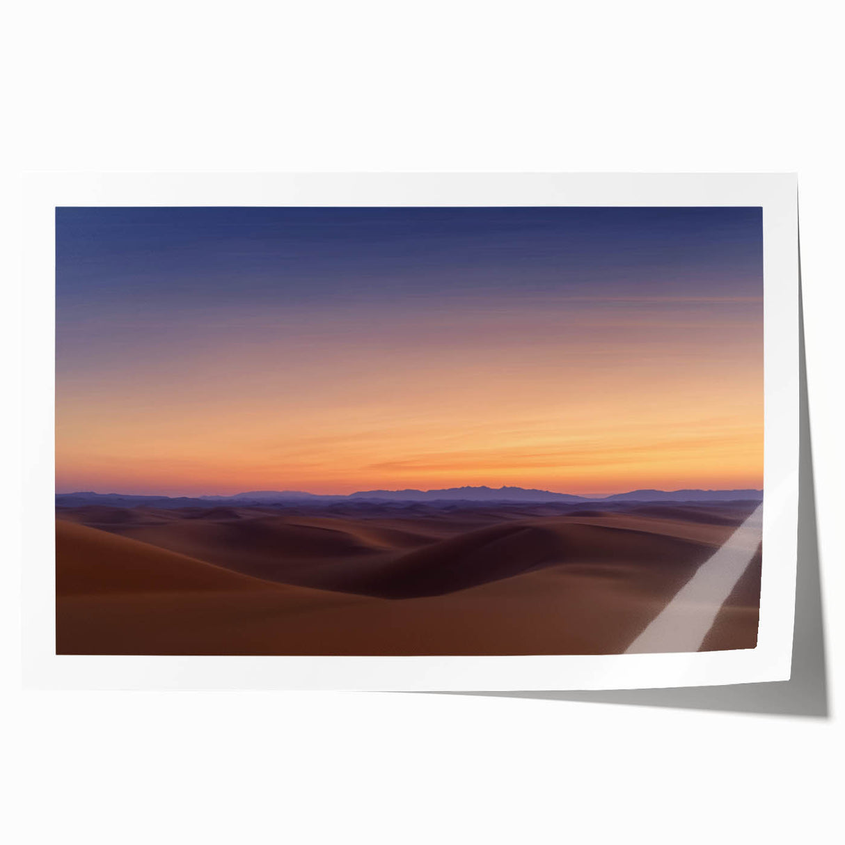 Desert landscape rolled print showcasing vibrant orange and yellow hues, evoking a serene sunset atmosphere, packaged securely in a protective cardboard tube.