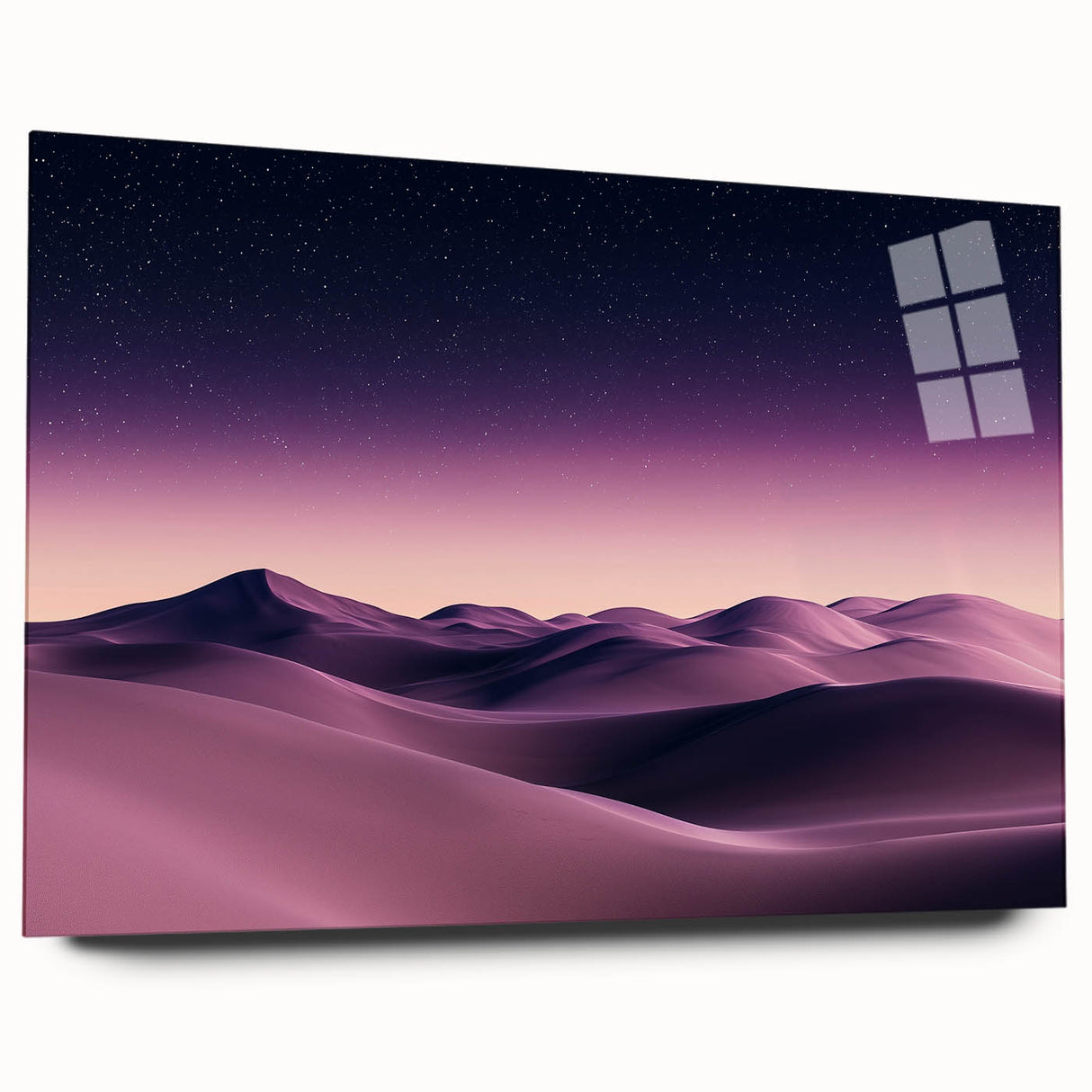 Acrylic glass artwork showcasing a serene desert landscape with rolling dunes, presented in a side view that highlights its vibrant colors and smooth finish. Ideal for modern home decor and art enthusiasts.